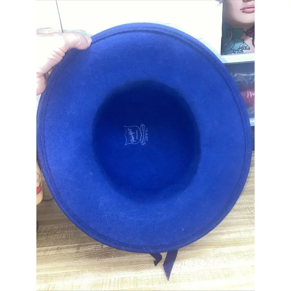 Vintage 60s Royal Blue 100% Wool Peachfelt Hat Ribbon Bow USA Made